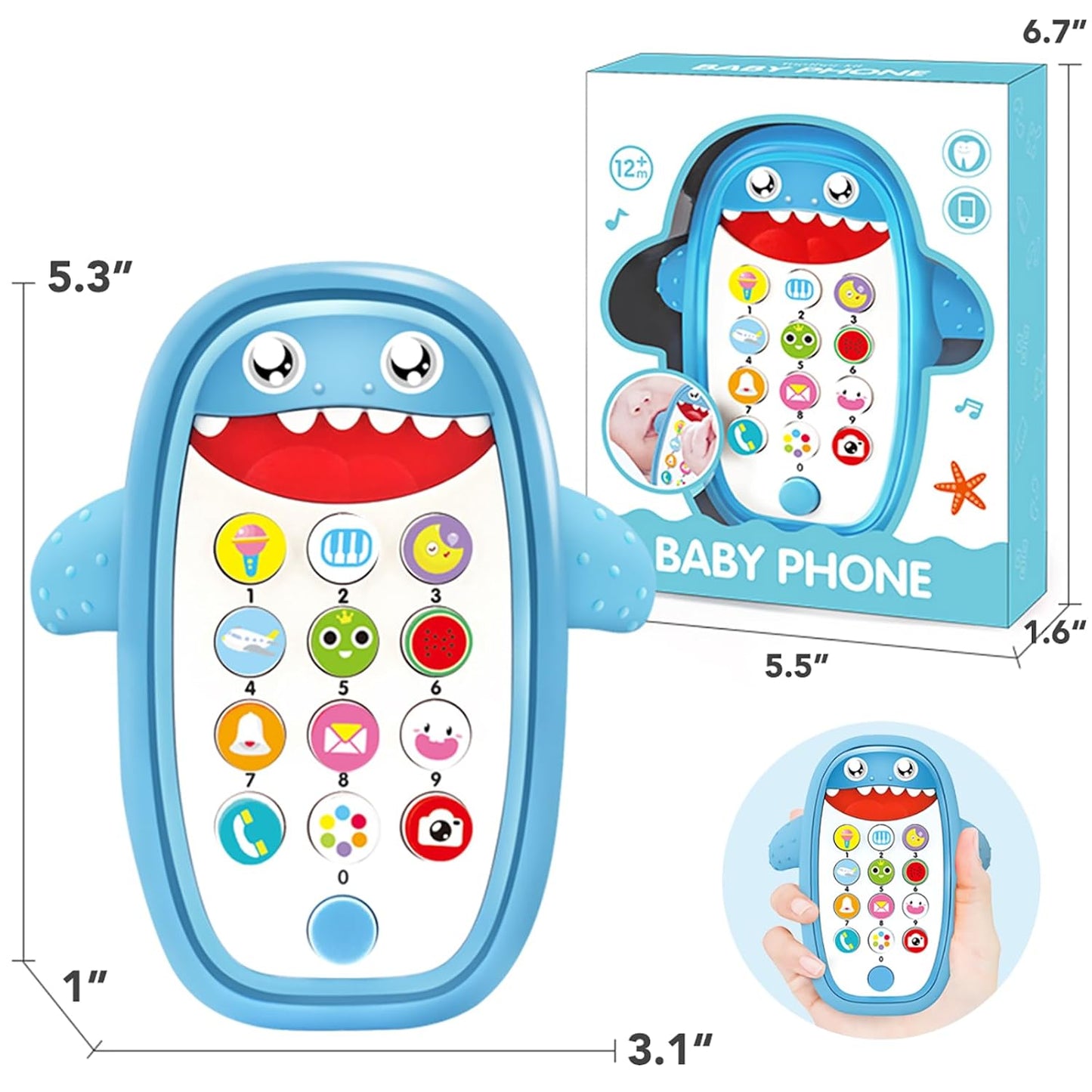 Baby Shark Cell Phone Toy with Detachable Teether Case and Adjustable Volume, Educational Music Feature for Infants and Toddlers, Perfect Gift for Children 12 Months and Older (Blue)