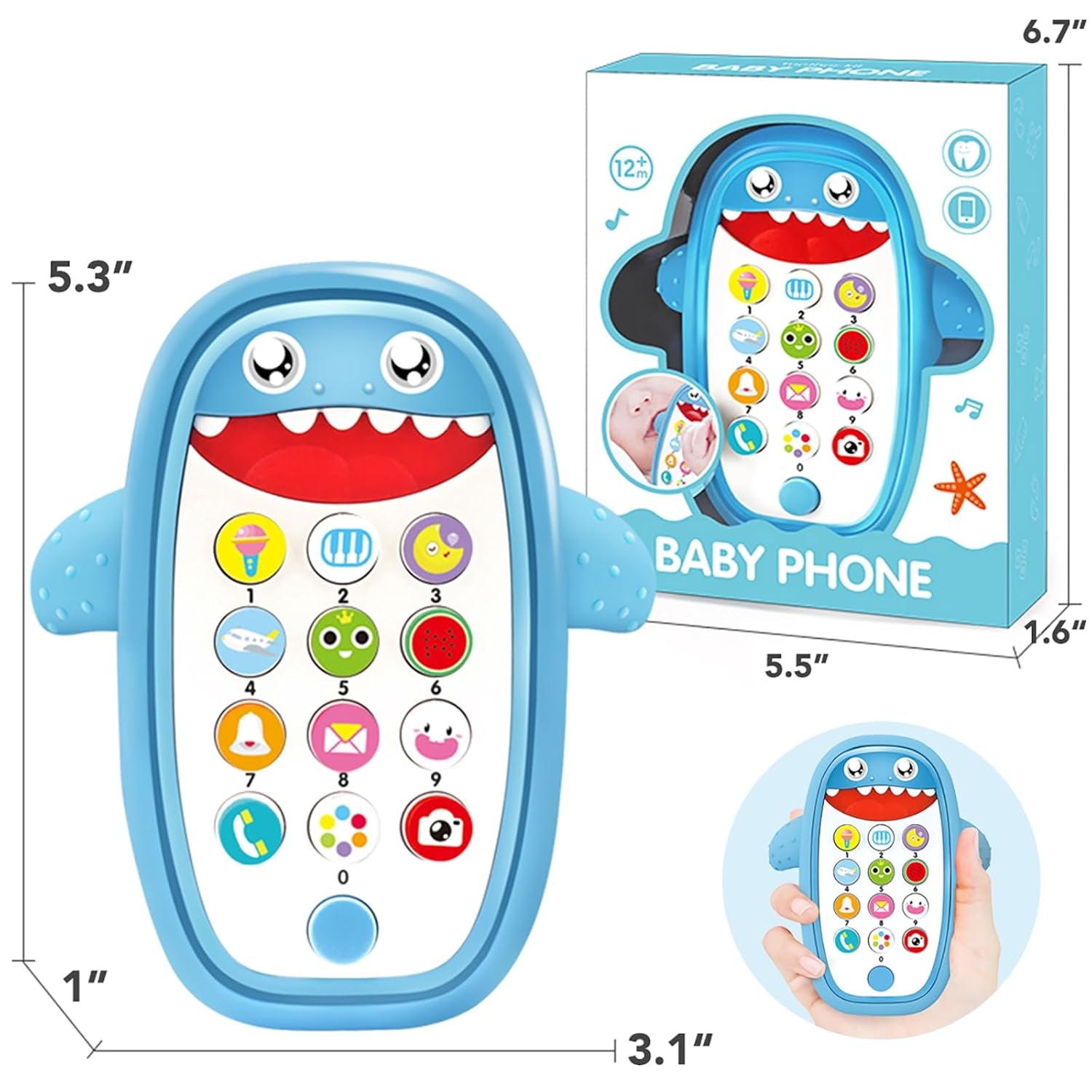 Baby Shark Cell Phone Toy with Detachable Teether Case and Adjustable Volume, Educational Music Feature for Infants and Toddlers, Perfect Gift for Children 12 Months and Older (Blue)