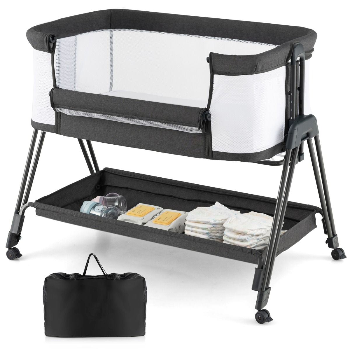 Beistellbett Für Babys Zusammenklappbares Tragbares Babybett Dunkelgrau