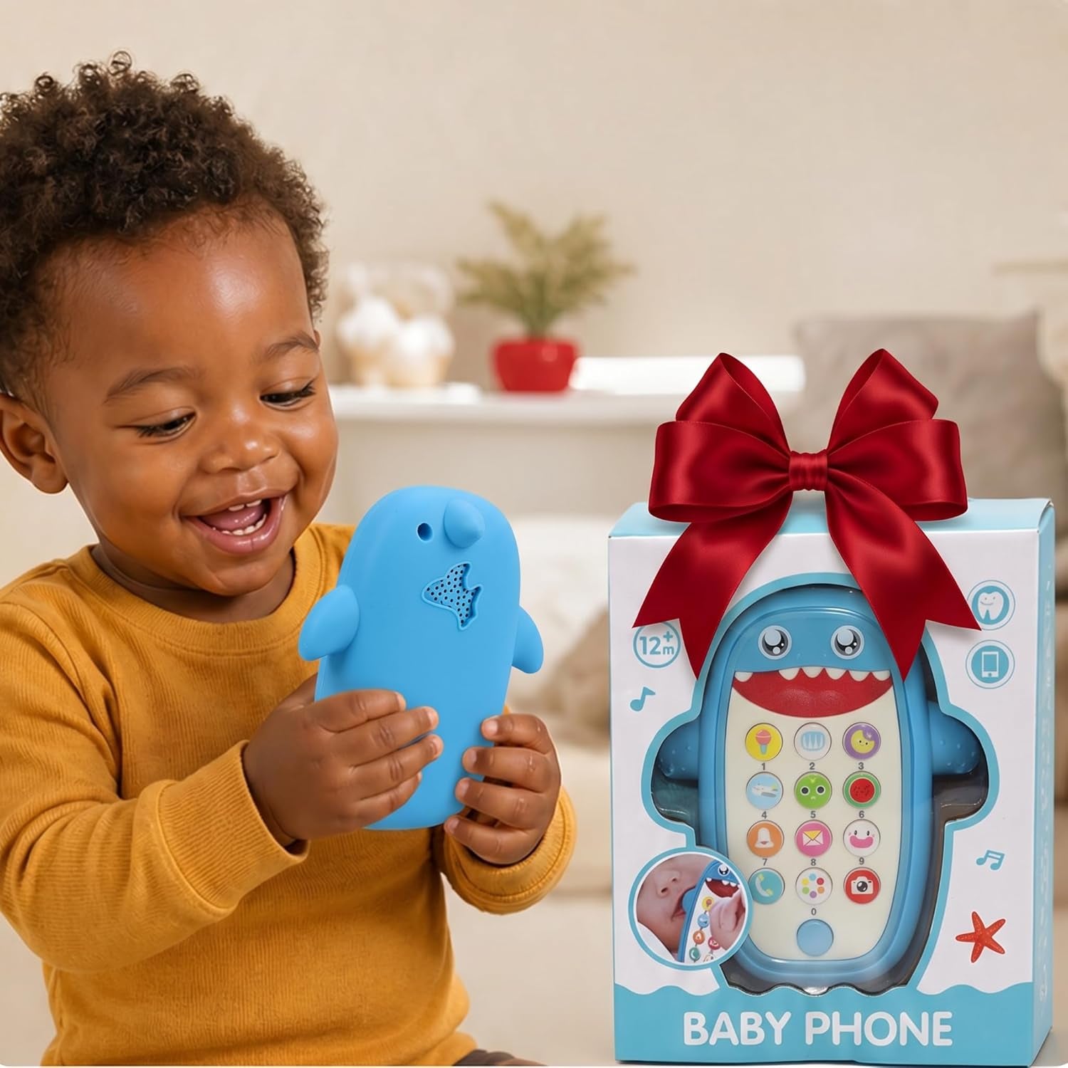 Baby Shark Cell Phone Toy with Detachable Teether Case and Adjustable Volume, Educational Music Feature for Infants and Toddlers, Perfect Gift for Children 12 Months and Older (Blue)
