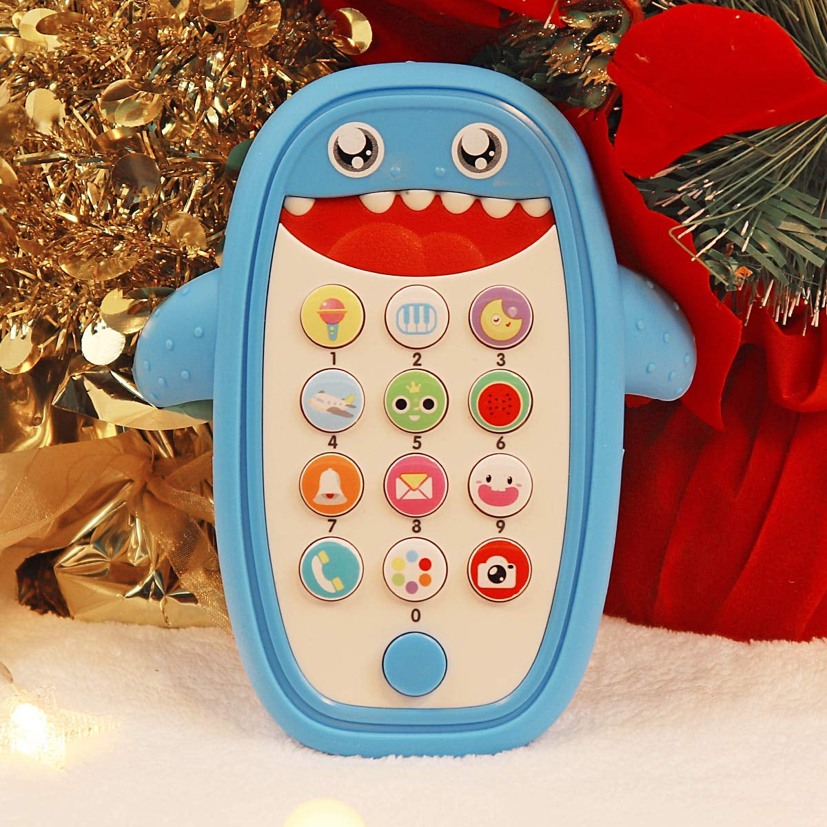 Baby Shark Cell Phone Toy with Detachable Teether Case and Adjustable Volume, Educational Music Feature for Infants and Toddlers, Perfect Gift for Children 12 Months and Older (Blue)
