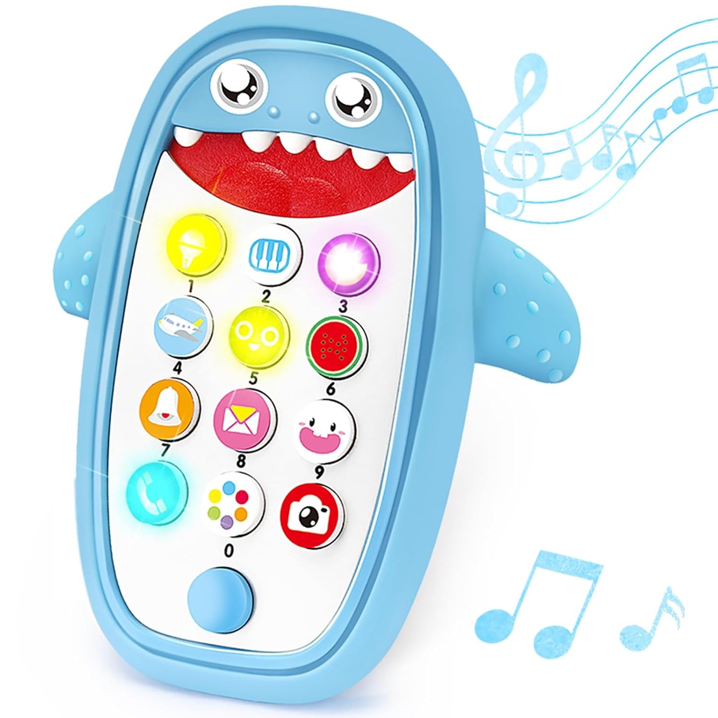 Baby Shark Cell Phone Toy with Detachable Teether Case and Adjustable Volume, Educational Music Feature for Infants and Toddlers, Perfect Gift for Children 12 Months and Older (Blue)