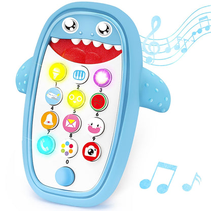 Baby Shark Cell Phone Toy with Detachable Teether Case and Adjustable Volume, Educational Music Feature for Infants and Toddlers, Perfect Gift for Children 12 Months and Older (Blue)