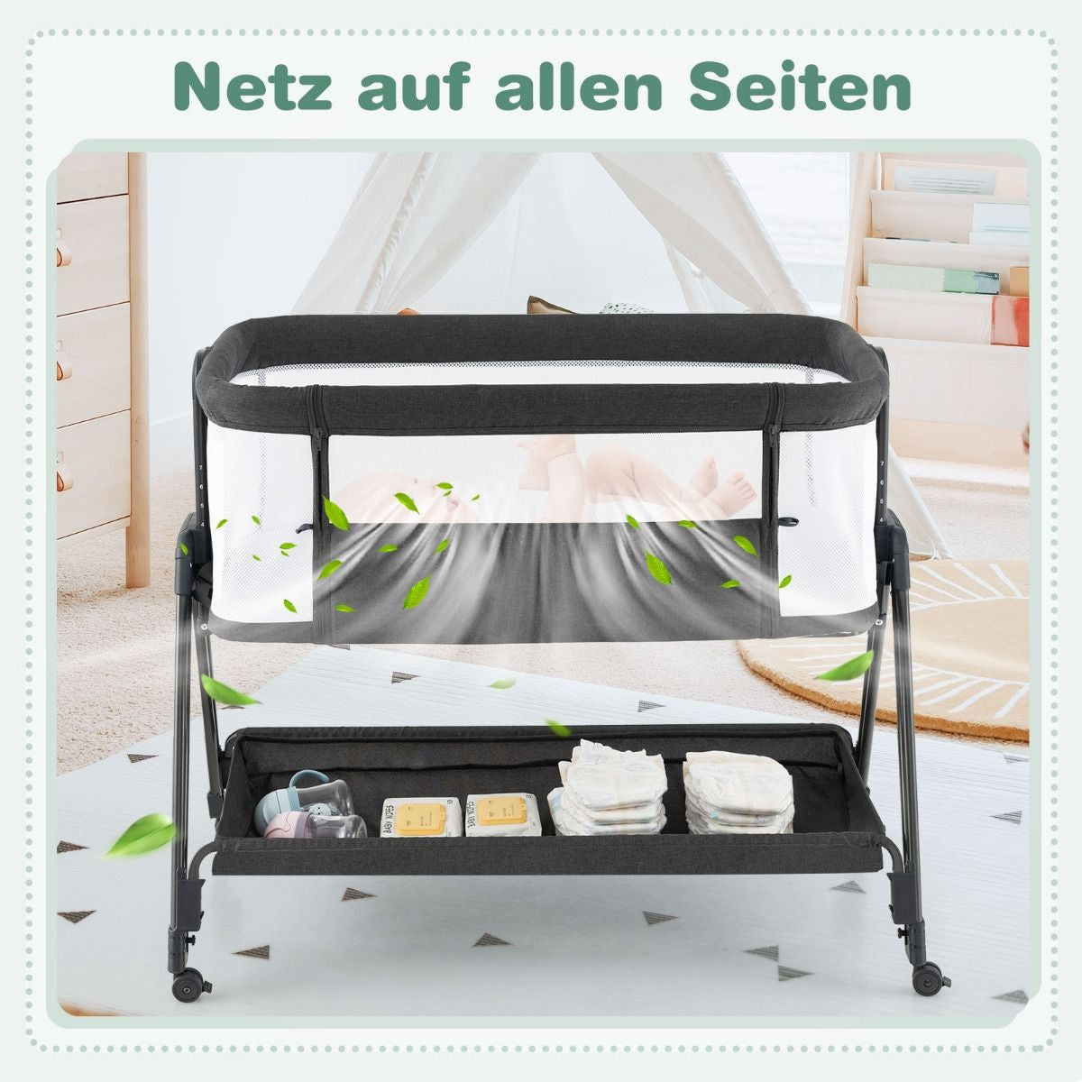 Beistellbett Für Babys Zusammenklappbares Tragbares Babybett Dunkelgrau