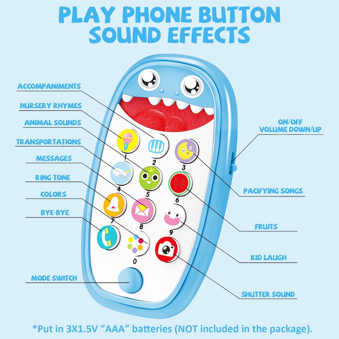 Baby Shark Cell Phone Toy with Detachable Teether Case and Adjustable Volume, Educational Music Feature for Infants and Toddlers, Perfect Gift for Children 12 Months and Older (Blue)