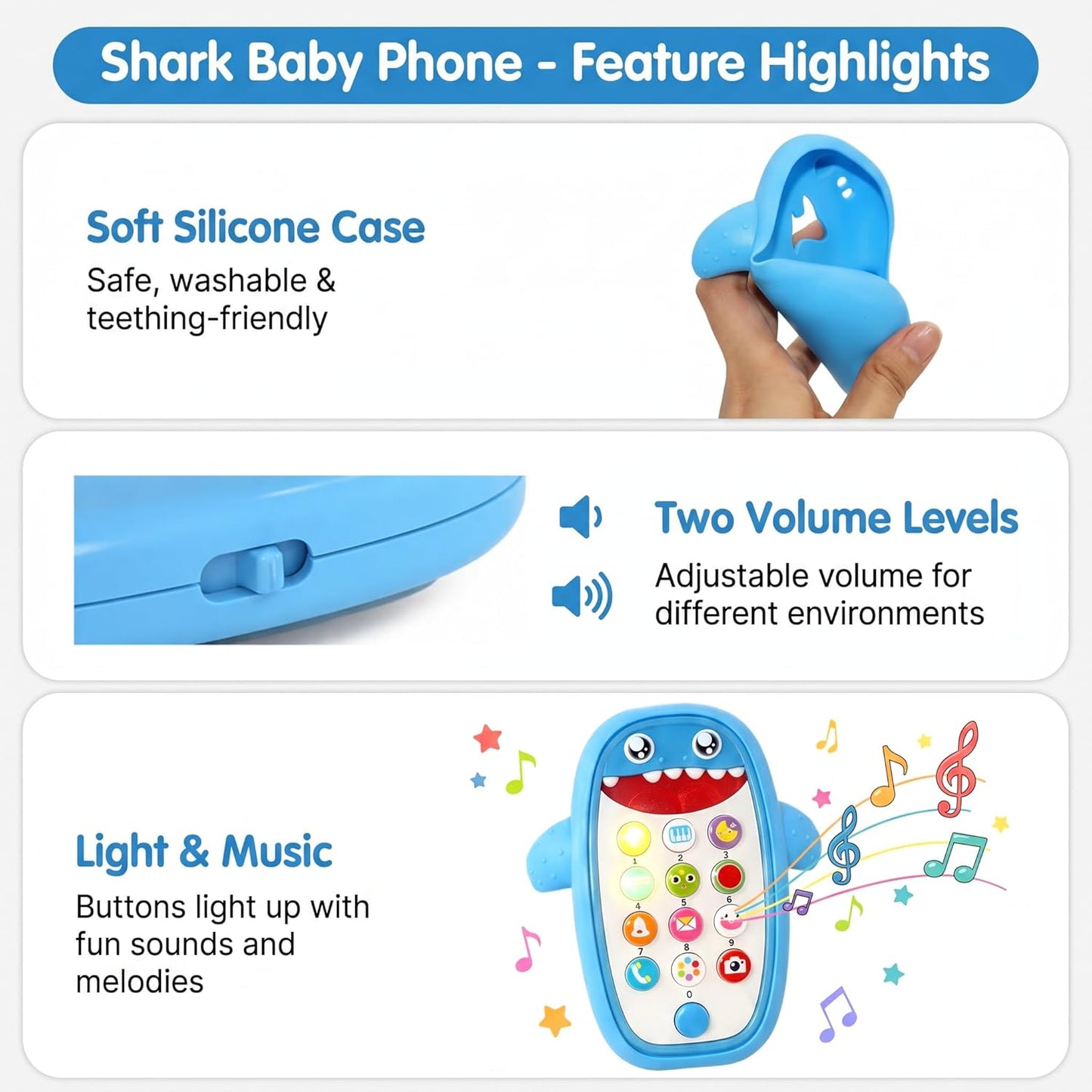 Baby Shark Cell Phone Toy with Detachable Teether Case and Adjustable Volume, Educational Music Feature for Infants and Toddlers, Perfect Gift for Children 12 Months and Older (Blue)