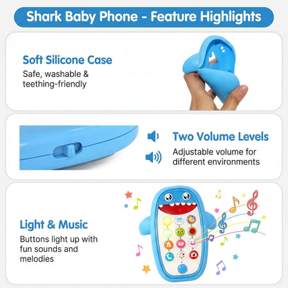 Baby Shark Cell Phone Toy with Detachable Teether Case and Adjustable Volume, Educational Music Feature for Infants and Toddlers, Perfect Gift for Children 12 Months and Older (Blue)