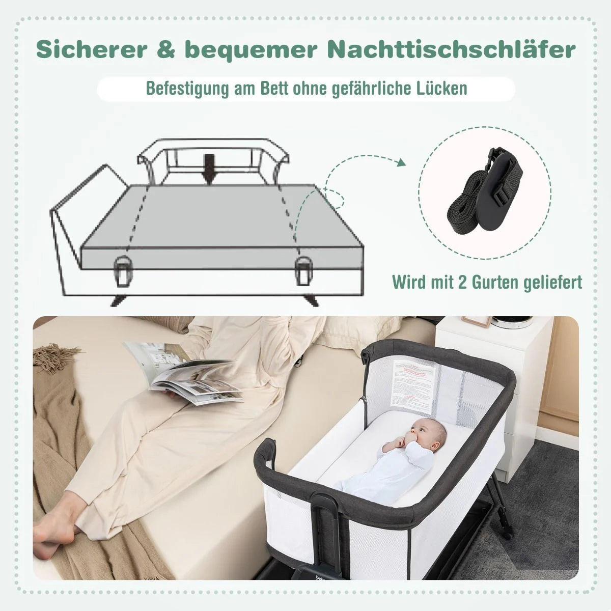Beistellbett Für Babys Zusammenklappbares Tragbares Babybett Dunkelgrau