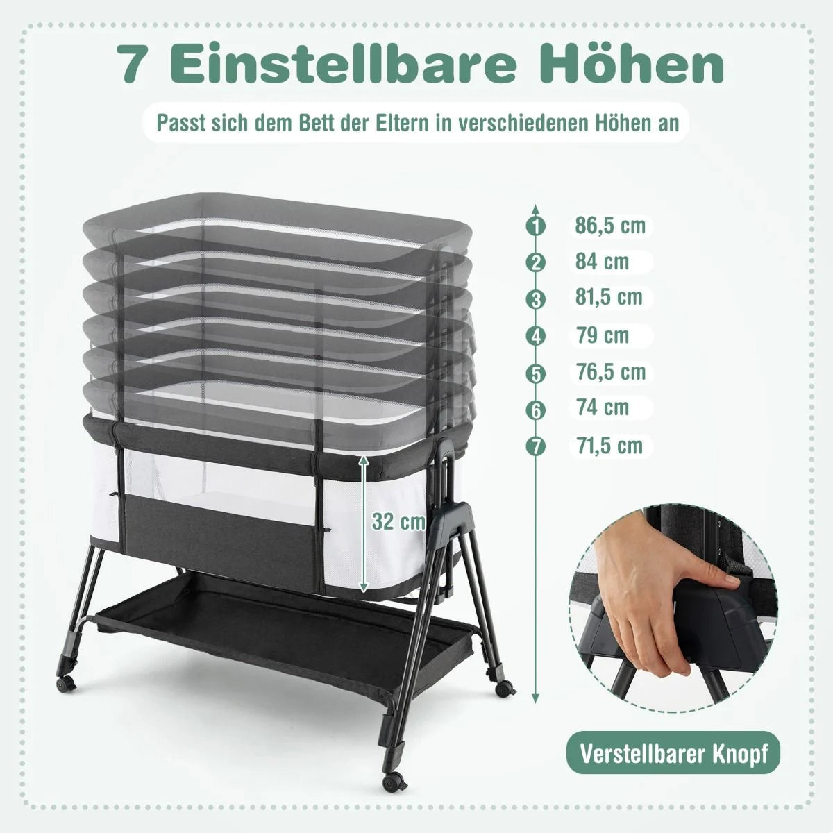 Beistellbett Für Babys Zusammenklappbares Tragbares Babybett Dunkelgrau