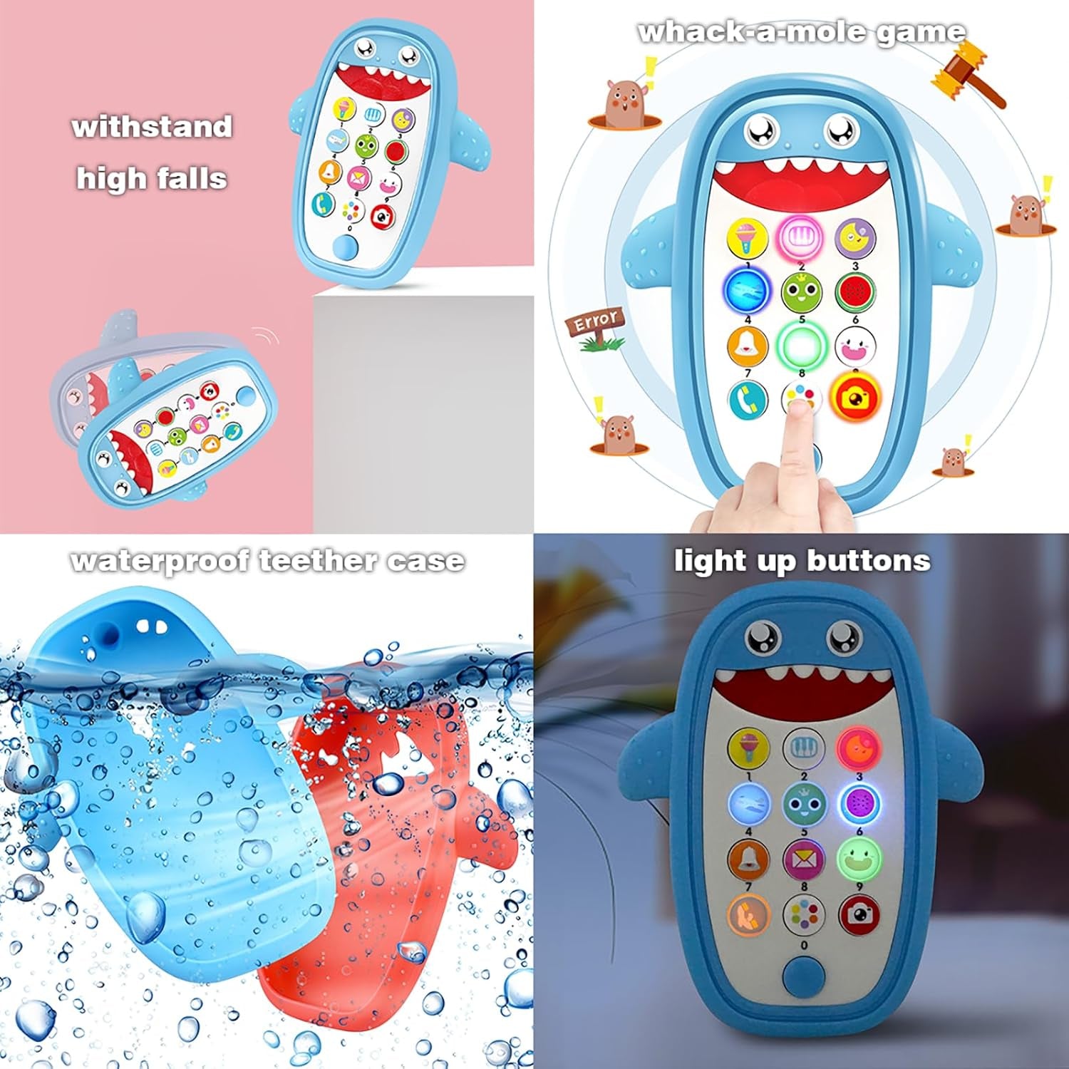 Baby Shark Cell Phone Toy with Detachable Teether Case and Adjustable Volume, Educational Music Feature for Infants and Toddlers, Perfect Gift for Children 12 Months and Older (Blue)